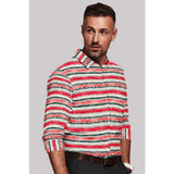 Red-white striped cotton blended men's full sleeve shirt on hanger