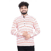 Men's cotton blended printed multicolor full sleeve shortkurta with mandarin neck, button closure on display stand