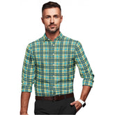 Green-Yellow cotton blended checked full sleeve shirt for men on hanger