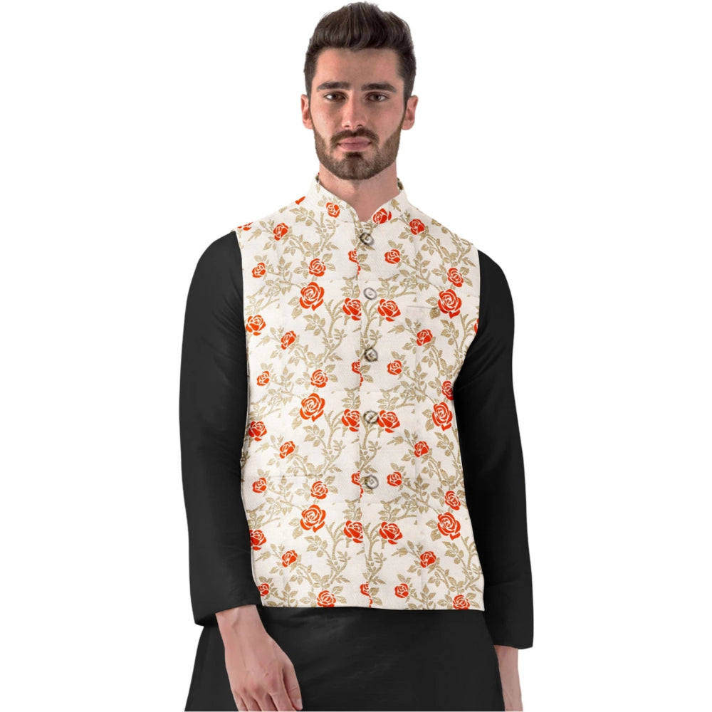 Orange-Beige Jacquard Printed Men's Waistcoat with Mandarin collar and full sleeves on mannequin