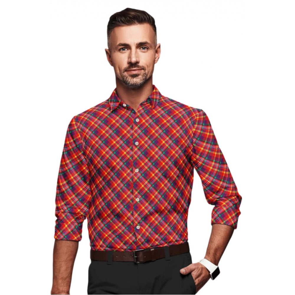 Red cotton blended checked full sleeve shirt for men on hanger