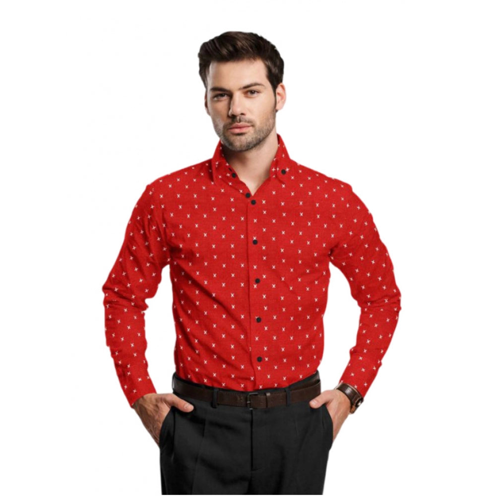 Red cotton blended printed men's full sleeve shirt with regular collar on hanger