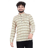 Multicolor cotton-blended men's full sleeve printed short kurta with mandarin neck, button closure