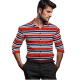 Red-Blue striped cotton blended full sleeve shirt for men on hanger