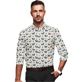 Multicolor cotton blended printed full sleeve shirt for men on model, detailed pattern visible