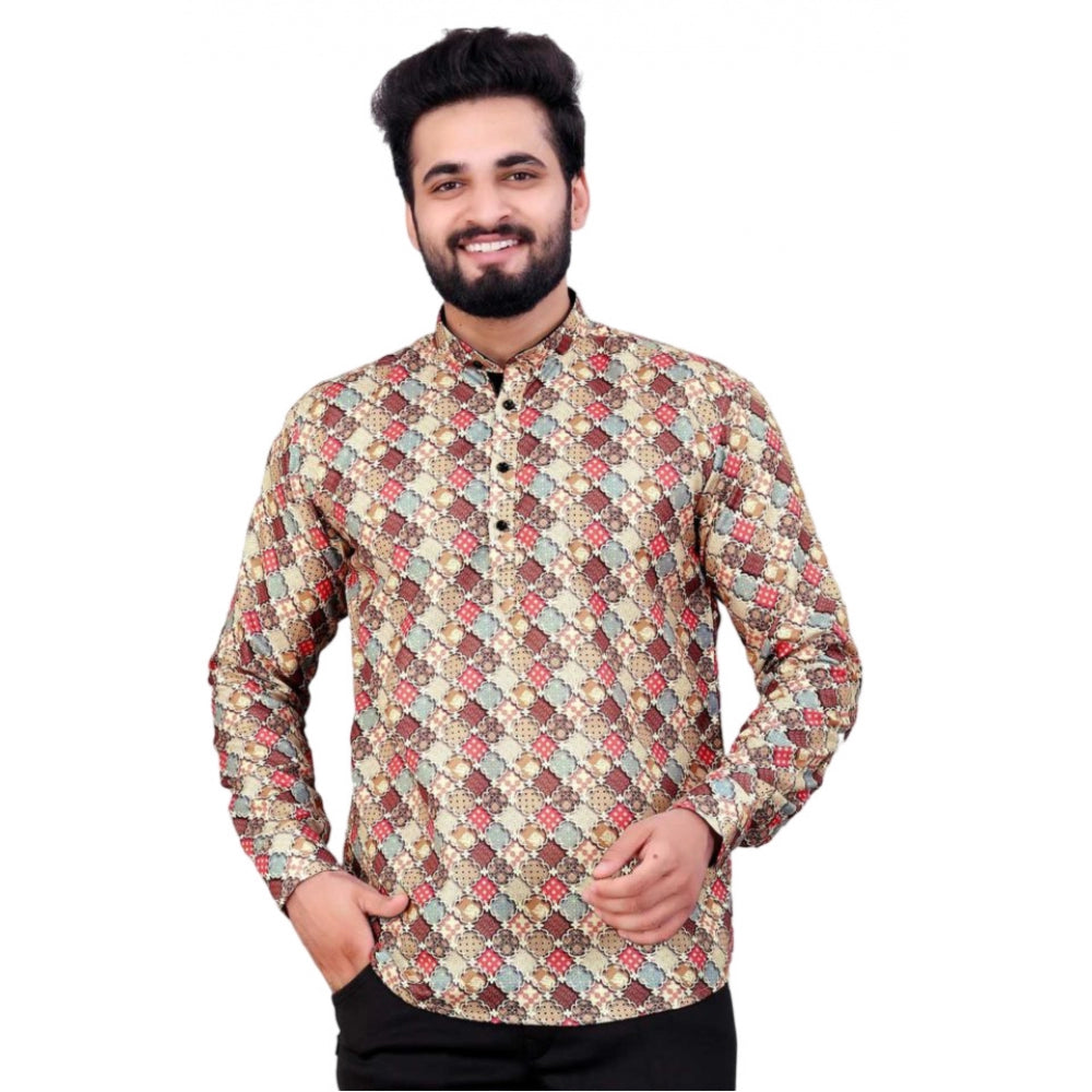 Multicolor cotton blended printed men's shortkurta with mandarin neck and full sleeves on display