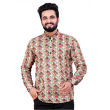 Multicolor cotton blended printed men's shortkurta with mandarin neck and full sleeves on display
