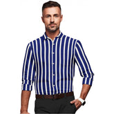 White-Blue cotton blended striped men's full sleeve shirt on hanger, regular collar and button closure