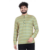 Men's multicolor cotton blended printed full sleeve shortkurta with mandarin neck and button closure, showcasing vibrant pattern details on clothing rack