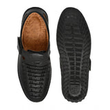 Men's faux leather black sandal - flat, slip-on design for casual wear