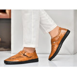 Tan faux leather men's flat slip-on sandals, outdoor footwear accessory