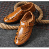Men's faux leather tan sandals - flat, slip-on style for casual summer wear