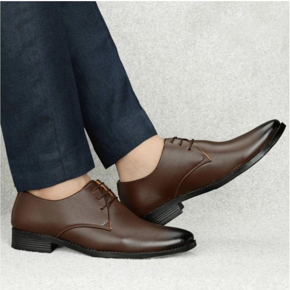 Brown faux leather men's formal shoes - lace-up flat heels for work events