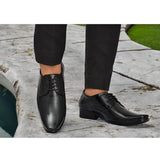 Black faux leather men's formal shoes, lace-up style with flat heel, suitable for formal occasions