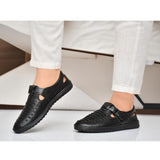 Black faux leather men's slip-on flat sandal