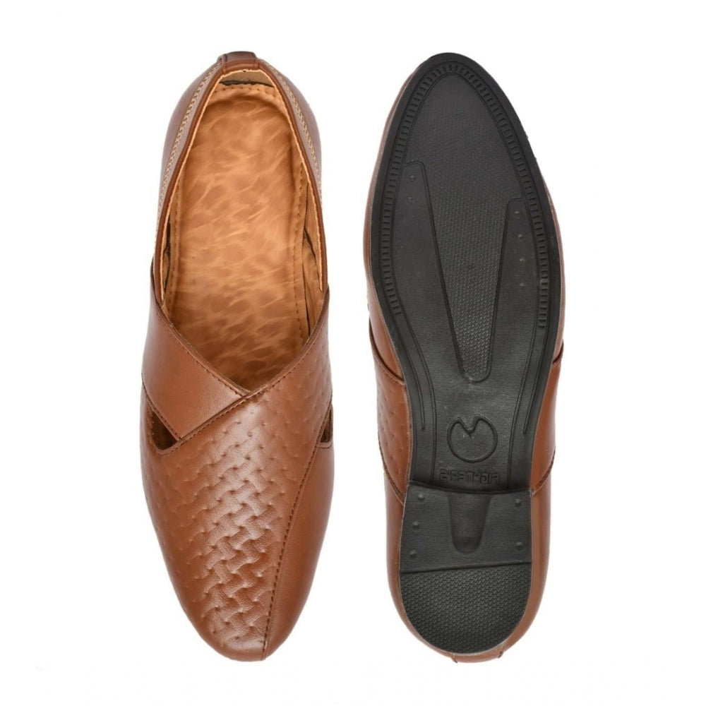 Tan faux leather men's slip-on formal shoes for stylish occasions