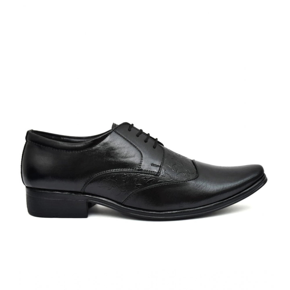 Black faux leather men's formal shoes on display stand - lace-up, flat heel style