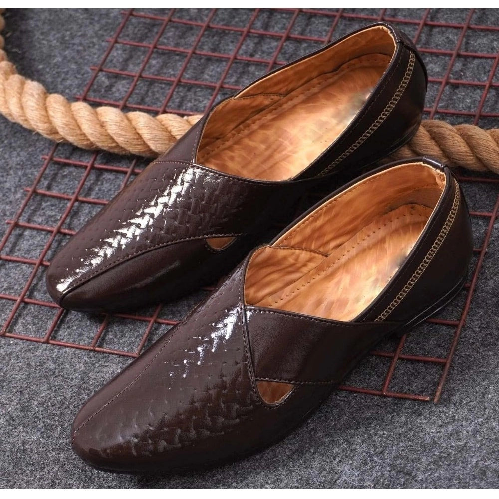 Brown faux leather men's slip-on formal shoes, flat heel for work or events