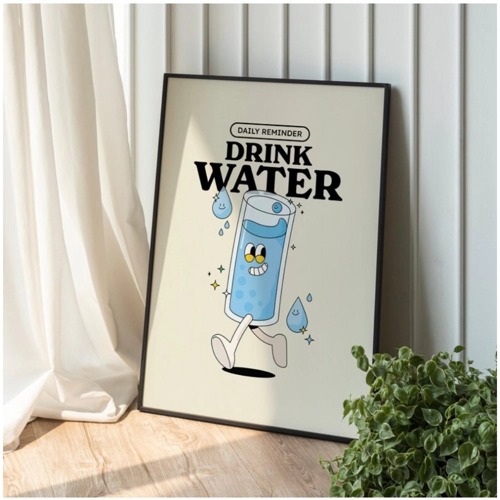 Black paper print Daily Reminder Drink Water wall frame, lightweight glass frame with smooth text reminder