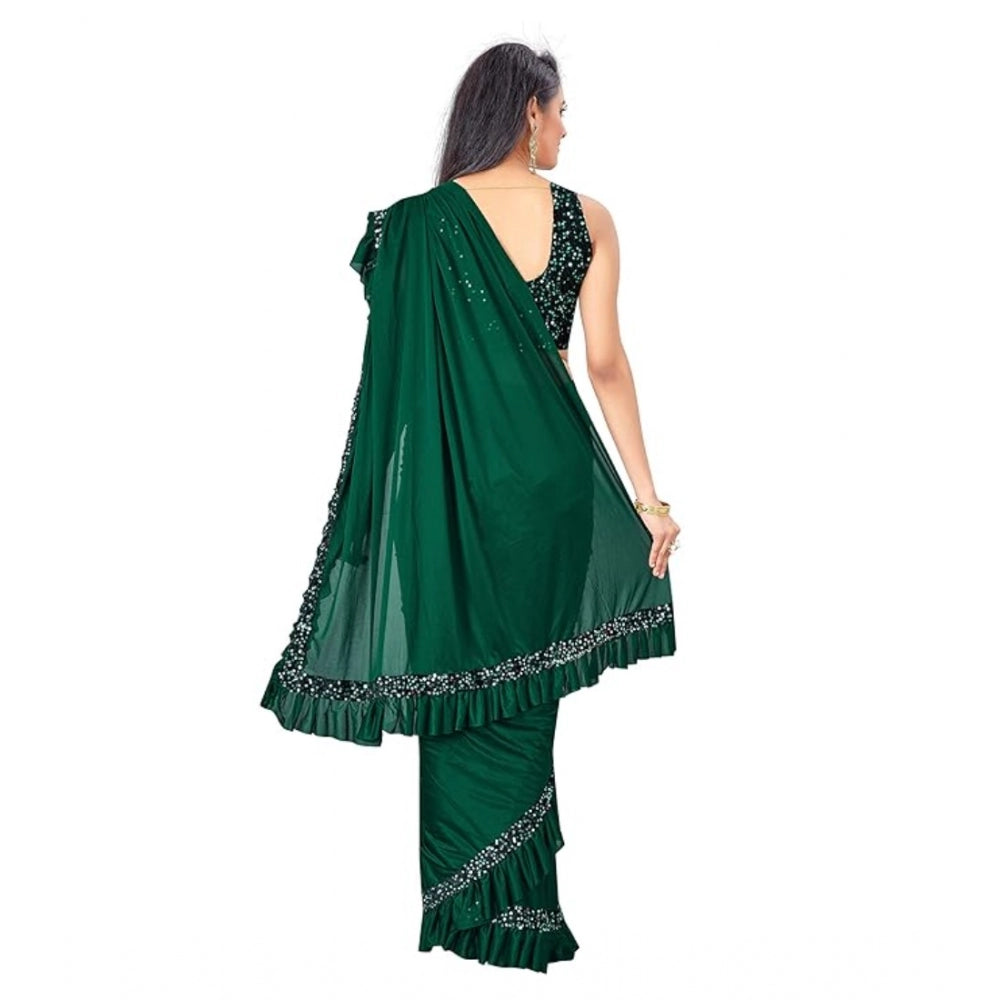 Green Lycra solid saree with unstitched blouse, 5.5 mtr for women's traditional wear