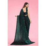 Green Lycra floral saree with unstitched blouse (5.5 mtr), women's traditional Indian attire for festive occasions or special events