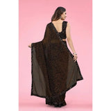 Brown Lycra floral saree with unstitched blouse (5.5 mtr), vibrant floral design for women's traditional wear