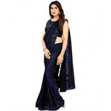 Blue Lycra floral saree with unstitched blouse (5.5 mtr), vibrant floral pattern for Indian women's fashion