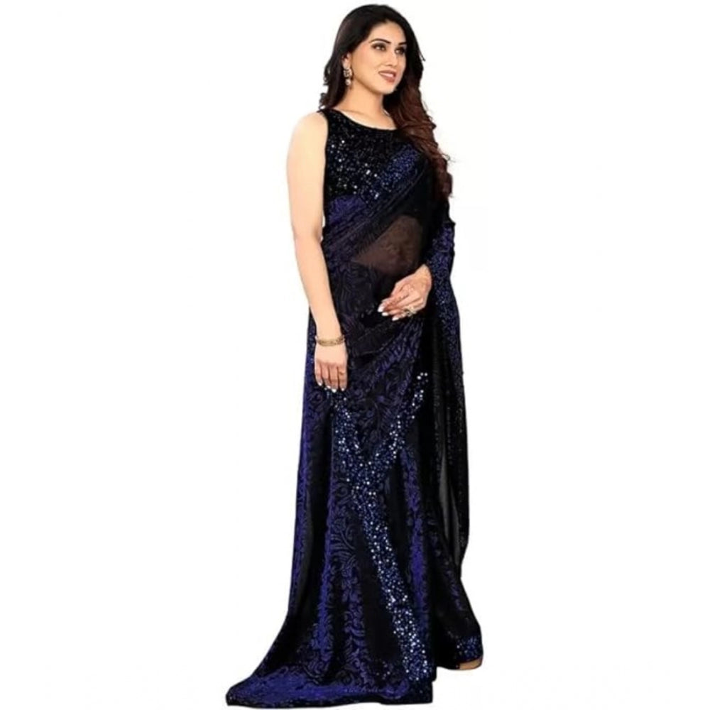 Blue Lycra floral saree with unstitched blouse (5.5 mtr), vibrant floral pattern on stretch fabric for women's traditional Indian wear