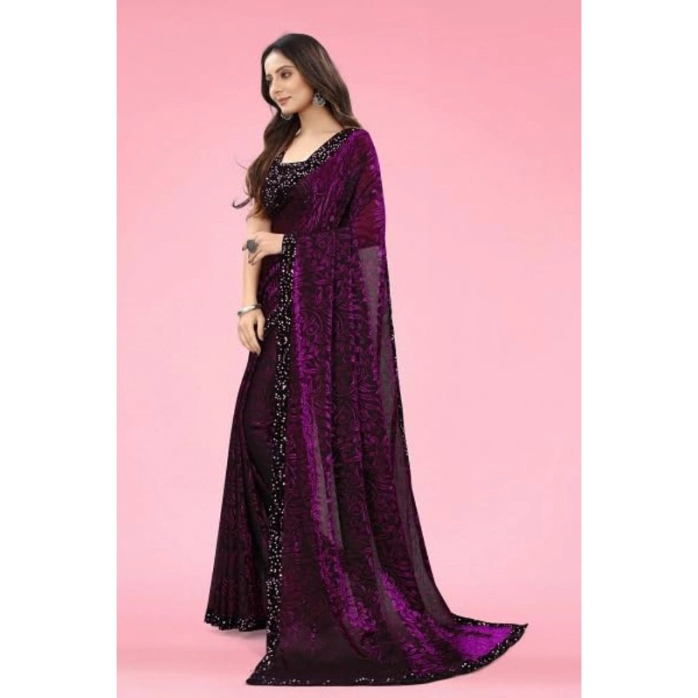 Wine Lycra floral saree with unstitched blouse (5.5mtr), vibrant floral pattern for women's traditional wear