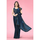 Blue Lycra floral saree with unstitched blouse, vibrant floral pattern for women's fashion