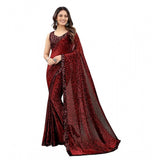 Maroon lycra floral saree with unstitched blouse (5.5 mtr), vibrant floral print for women's ethnic wear
