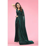 Green Lycra floral saree with unstitched blouse (5.5 mtr) on mannequin for Indian women's fashion