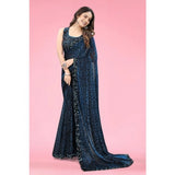 Blue Lycra floral saree with unstitched blouse (5.5 mtr) on model for traditional Indian wear