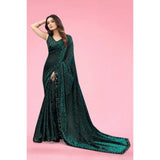 Green Lycra floral saree with unstitched blouse (5.5m) for women on display