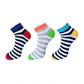 Multicolor striped unisex casual cotton ankle socks, three pairs