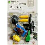 Assorted military design rubber pencil erasers (3+ years), ideal for birthday return gifts, featuring gun bullets, binoculars, rifles, sniper guns, bombs, tanks, and helmets