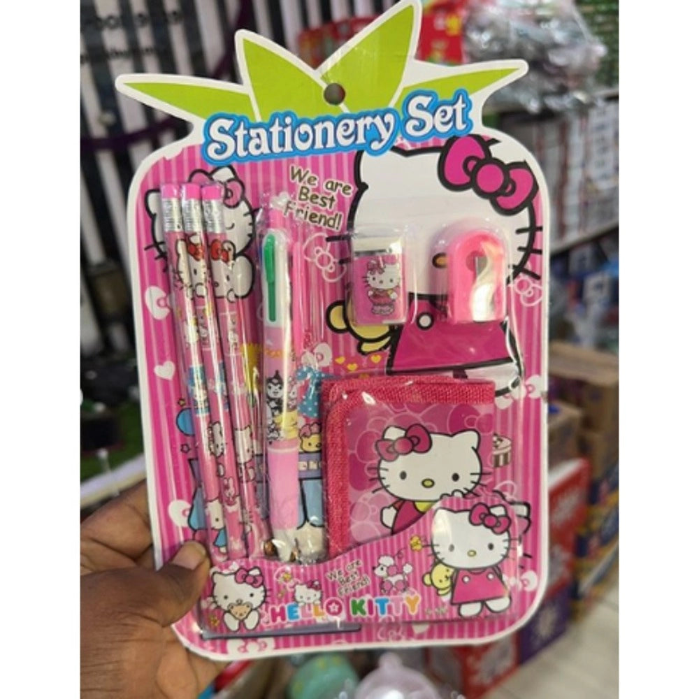 Assorted plastic kitten stationery set for toddlers (pencils, pen, eraser, sharpener, wallet)