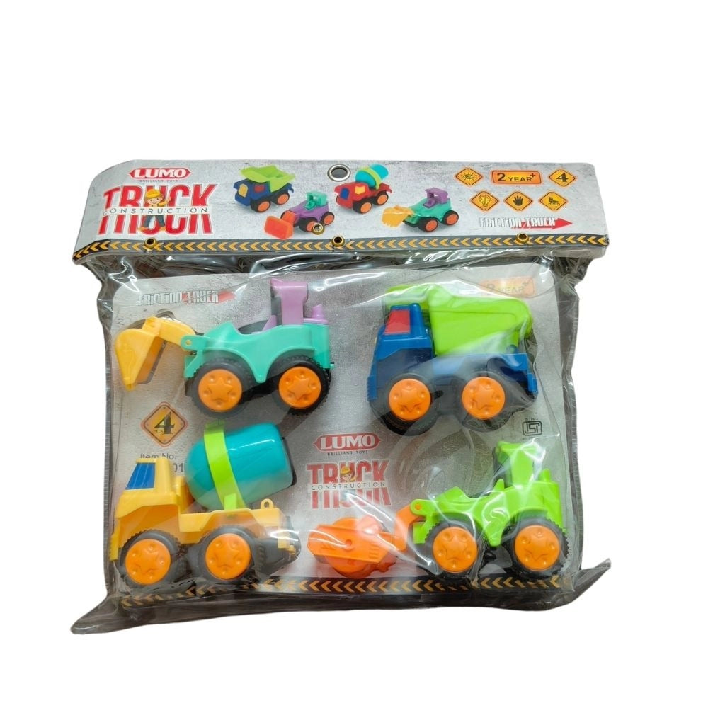 Assorted plastic construction truck toys for 1+ years, promoting hand-eye coordination and imagination development with friction powered functions