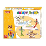 Assorted cardboard Animal & Bird Colour & Rub set for children's learning, includes 24 cards, 12 crayons, and 1 duster