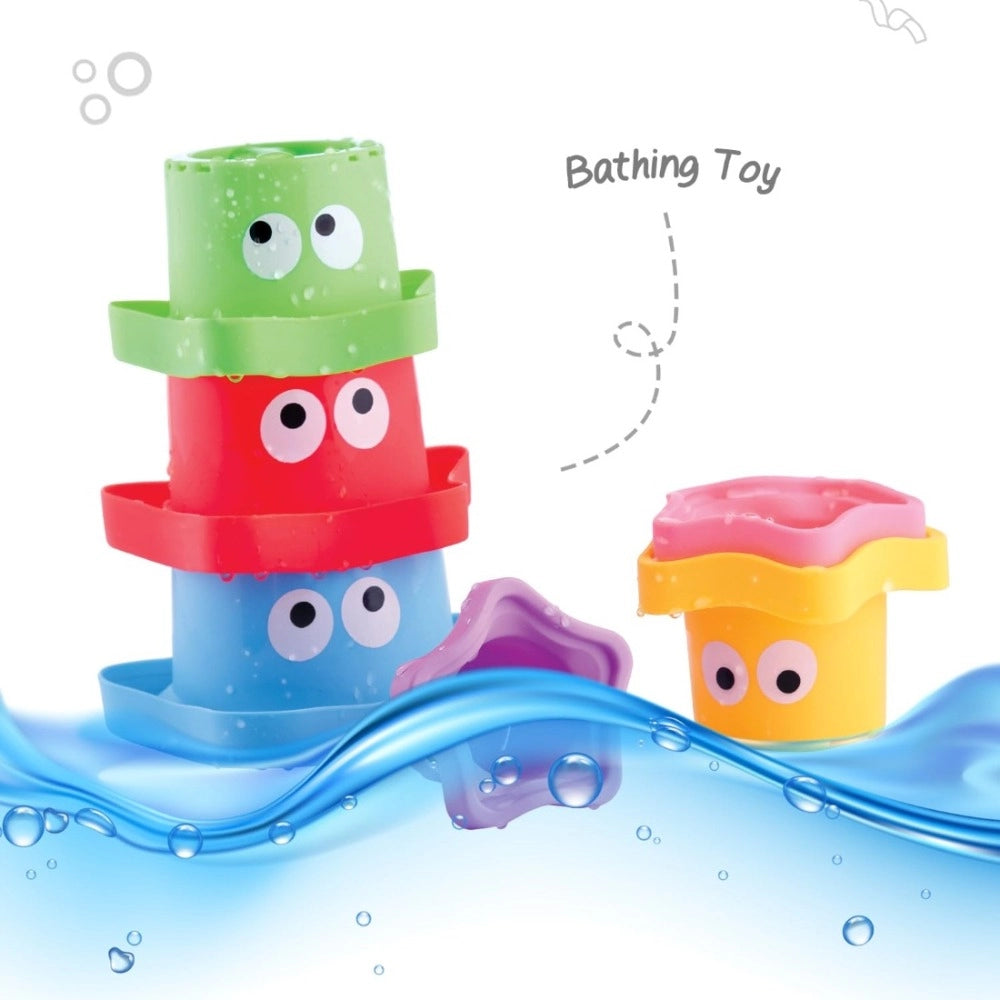 Assorted plastic Monster Stacking Cups for children 5+ years, promoting motor skills and cognitive development