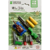 Assorted military design rubber pencil erasers (3+ years), ideal for kids' birthday return gifts, featuring gun, binocular, rifle, sniper, bomb, tank, and helmet shapes