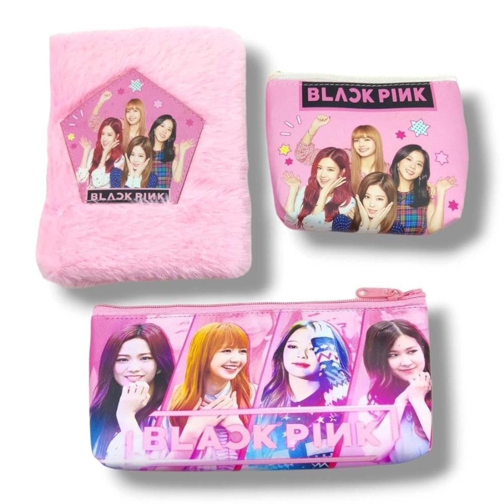 Black Pink BTS 3-in-1 stationery set with soft furr, includes 2 pouches and 1 packet dairy - ideal for school and office use for children aged 5+ years