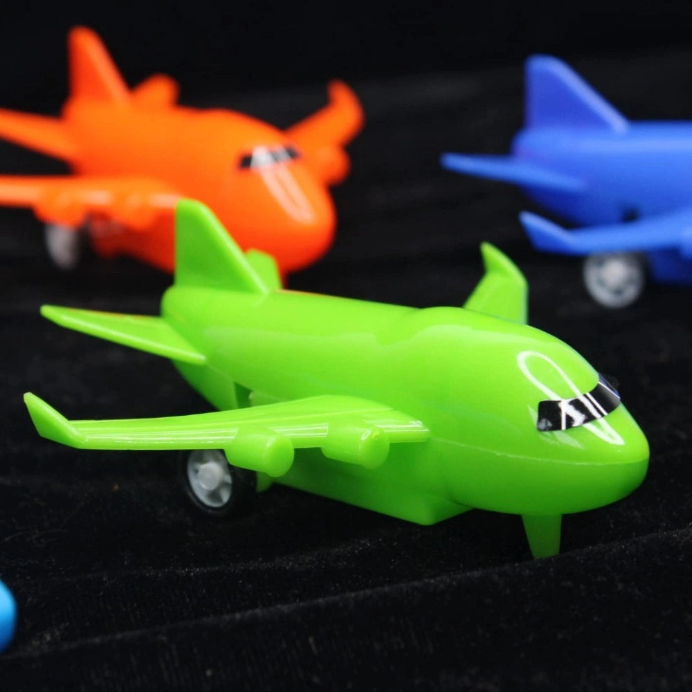 Assorted plastic pull-back airplane toys for kids aged 3+, perfect for imaginative playtime