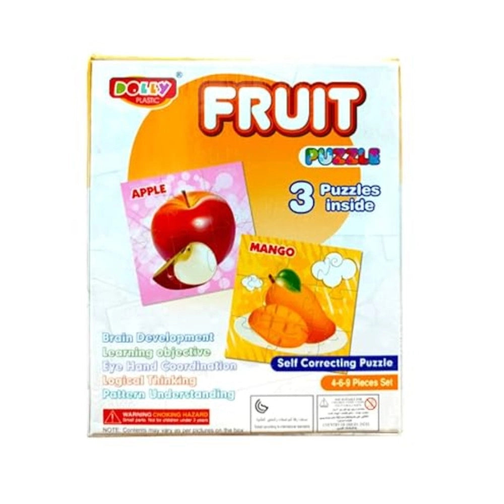 Assorted cardboard fruit puzzle set for toddlers, featuring 3 fruits - apple, mango, orange. Varied difficulty levels (4, 6, 9 pieces) for educational fun