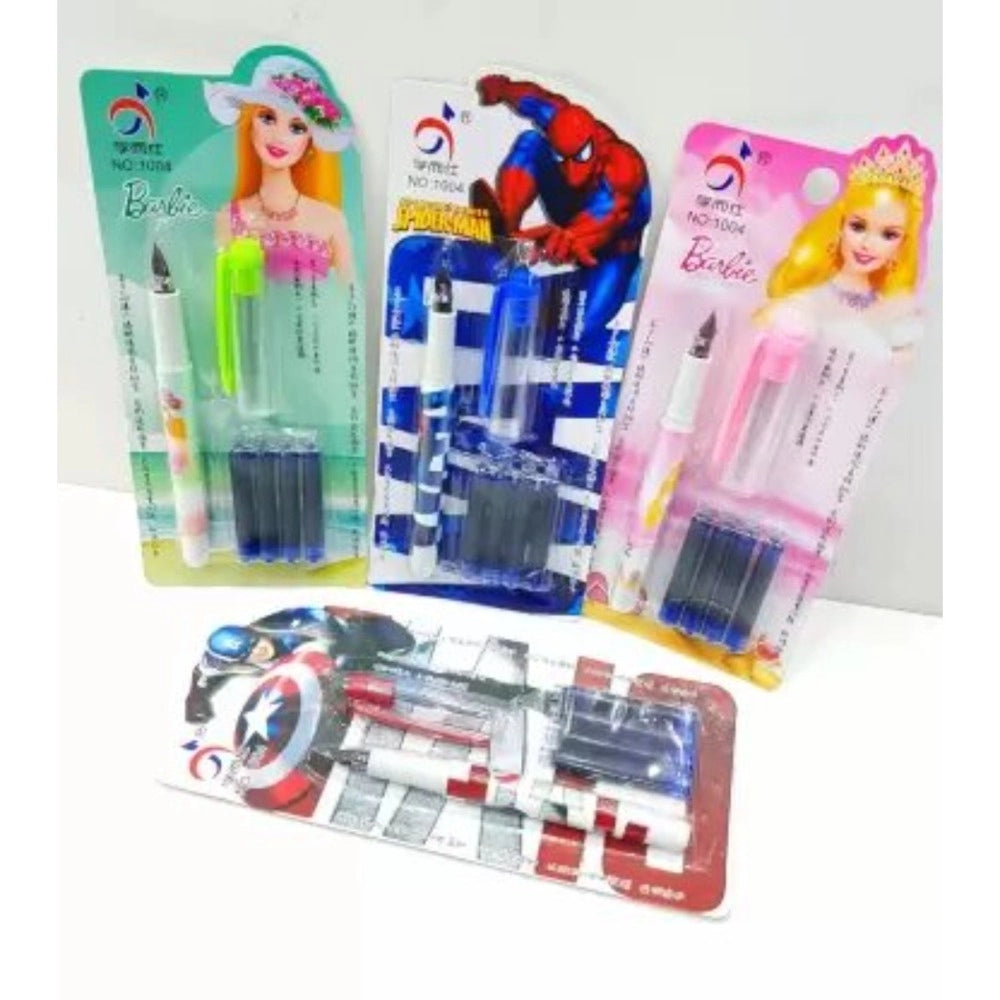 Assorted plastic fountain pen set with 4 blue ink cartridges, perfect for school & office use