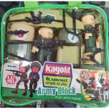 Assorted plastic army block set for children 3+ years, fostering imagination and creativity. Includes soldiers, tanks, palm trees, and more in a gift case