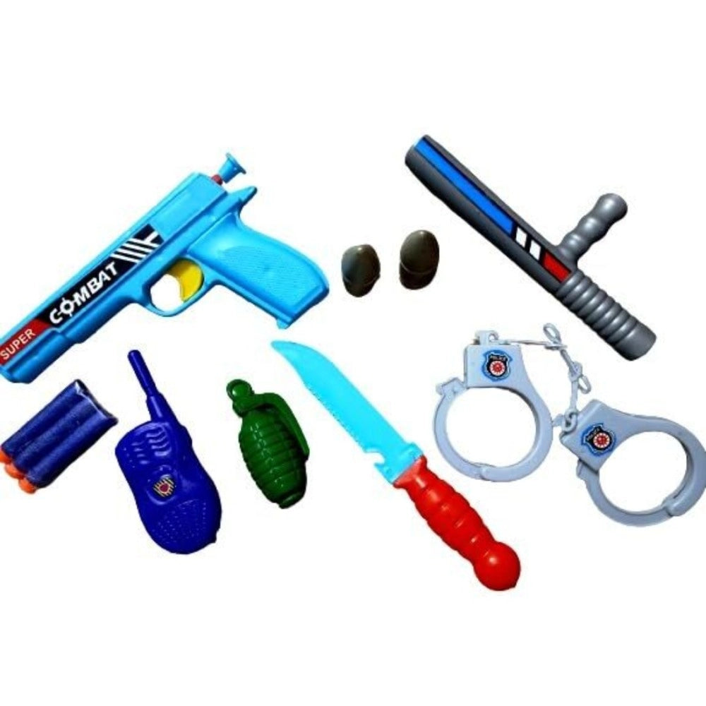 Assorted color, plastic 8_Pcs Chor Police toy set with handcuffs, gun, phone, ideal for kids 5+ years, best for playtime shooting range