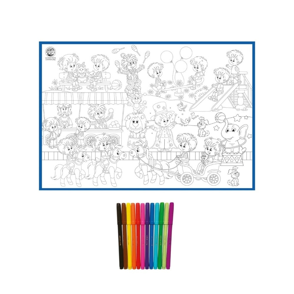 Assorted carnival printed coloring mat for educational toys on canvas, ideal for 3+ years, enhances hand-eye coordination and fine motor skills