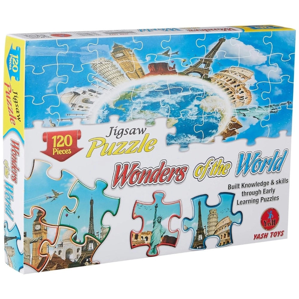 Assorted-color cardboard jigsaw puzzle (120 pcs) featuring Wonders of the World, encourages memory development and fun for growing kids