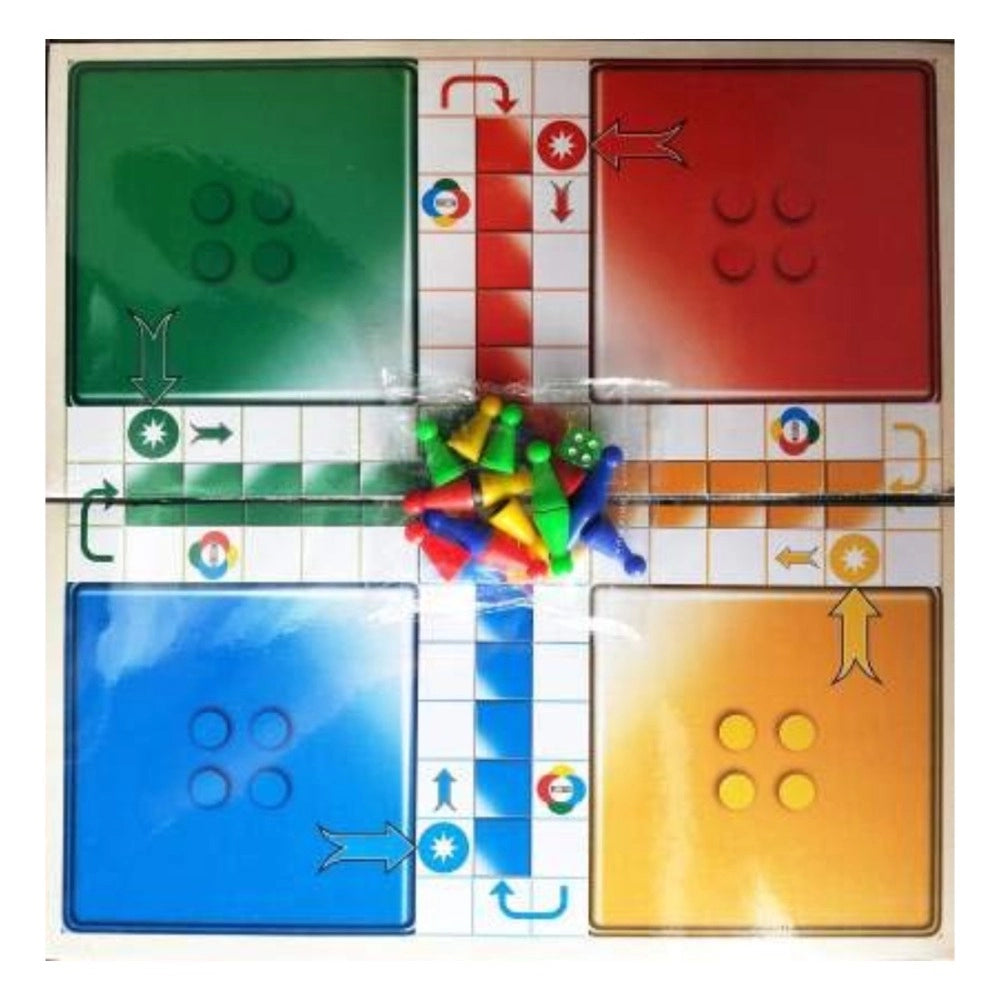 Assorted plastic Ludo Snakes-Ladders board game enhances creativity and thinking skills in kids aged 5+, ideal for 2 players